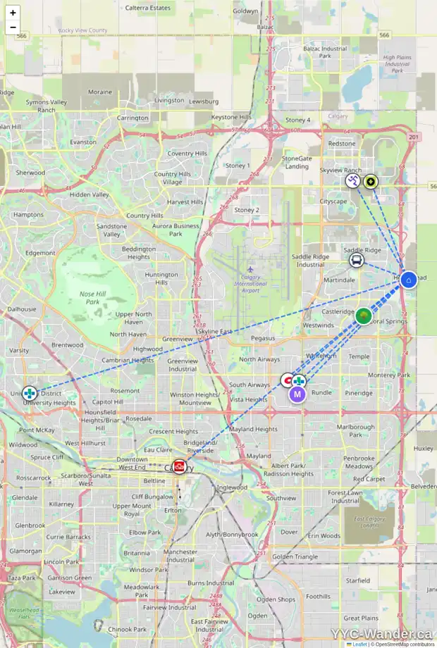 Daily accessibility map for 15 HOMESTEAD PS NE, Calgary showing nearby schools, grocery stores, parks, LRT stations and nearby amenities