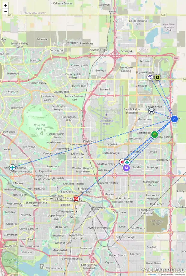 Daily accessibility map for 260 HOMESTEAD GV NE, Calgary showing nearby schools, grocery stores, parks, LRT stations and nearby amenities