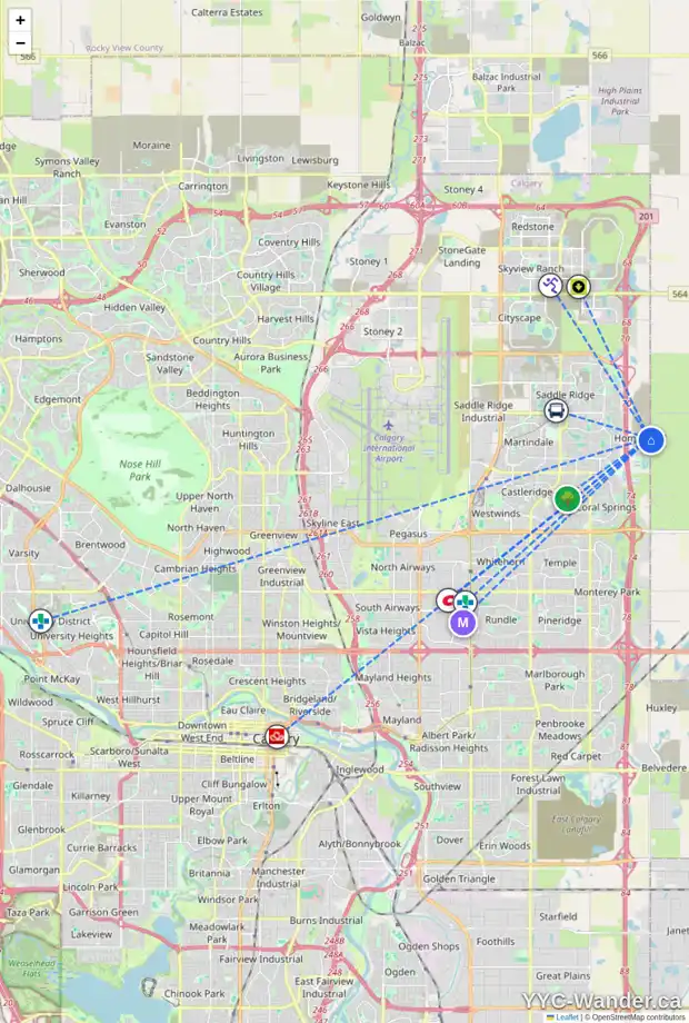 Daily accessibility map for 225 HOMESTEAD CR NE, Calgary showing nearby schools, grocery stores, parks, LRT stations and nearby amenities