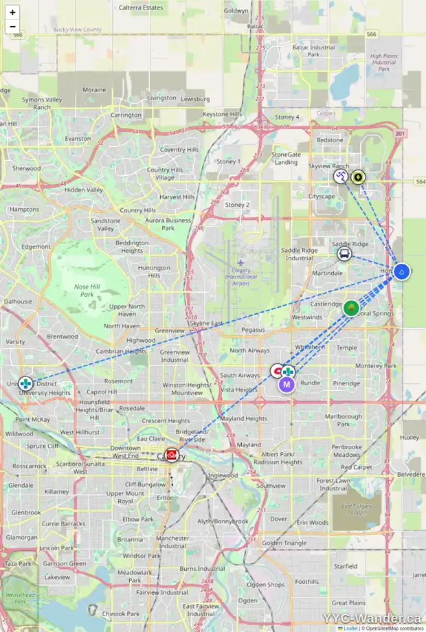 Daily accessibility map for 245 HOMESTEAD CR NE, Calgary showing nearby schools, grocery stores, parks, LRT stations and nearby amenities