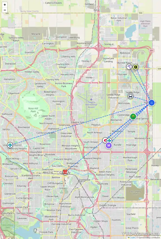 Daily accessibility map for 273 HOMESTEAD CR NE, Calgary showing nearby schools, grocery stores, parks, LRT stations and nearby amenities