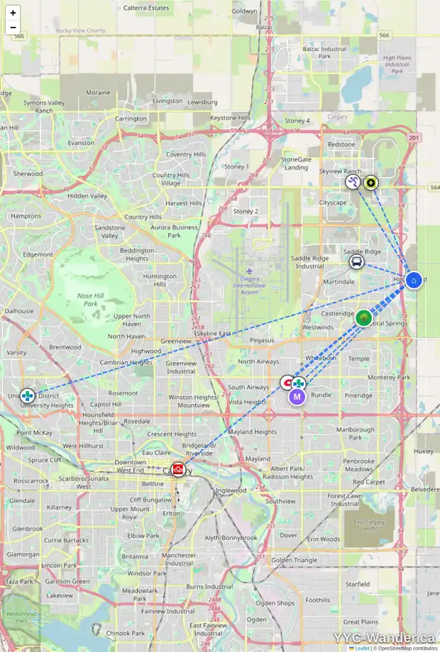 Daily accessibility map for 285 HOMESTEAD CR NE, Calgary showing nearby schools, grocery stores, parks, LRT stations and nearby amenities