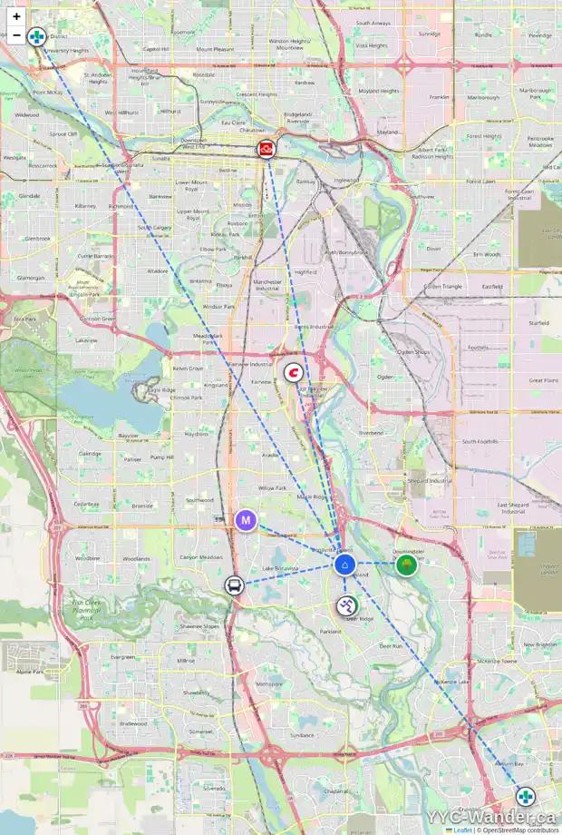 Daily accessibility map for 215 QUEENSLAND CI SE, Calgary showing nearby schools, grocery stores, parks, LRT stations and nearby amenities