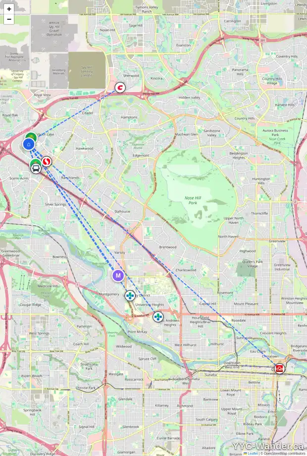 Daily accessibility map for 405 950 ARBOUR LAKE RD NW, Calgary showing nearby schools, grocery stores, parks, LRT stations and nearby amenities