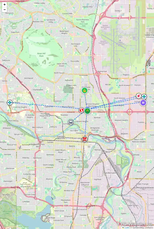 Daily accessibility map for 432 18 AV NE, Calgary showing nearby schools, grocery stores, parks, LRT stations and nearby amenities