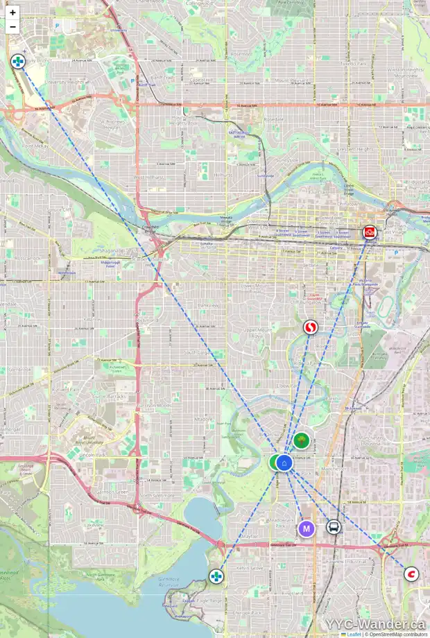 Daily accessibility map for 716 51 AV SW, Calgary showing nearby schools, grocery stores, parks, LRT stations and nearby amenities
