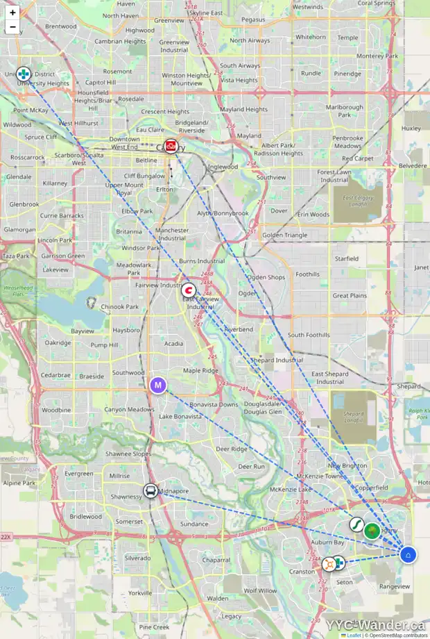 Daily accessibility map for 310 MAGNOLIA WY SE, Calgary showing nearby schools, grocery stores, parks, LRT stations and nearby amenities