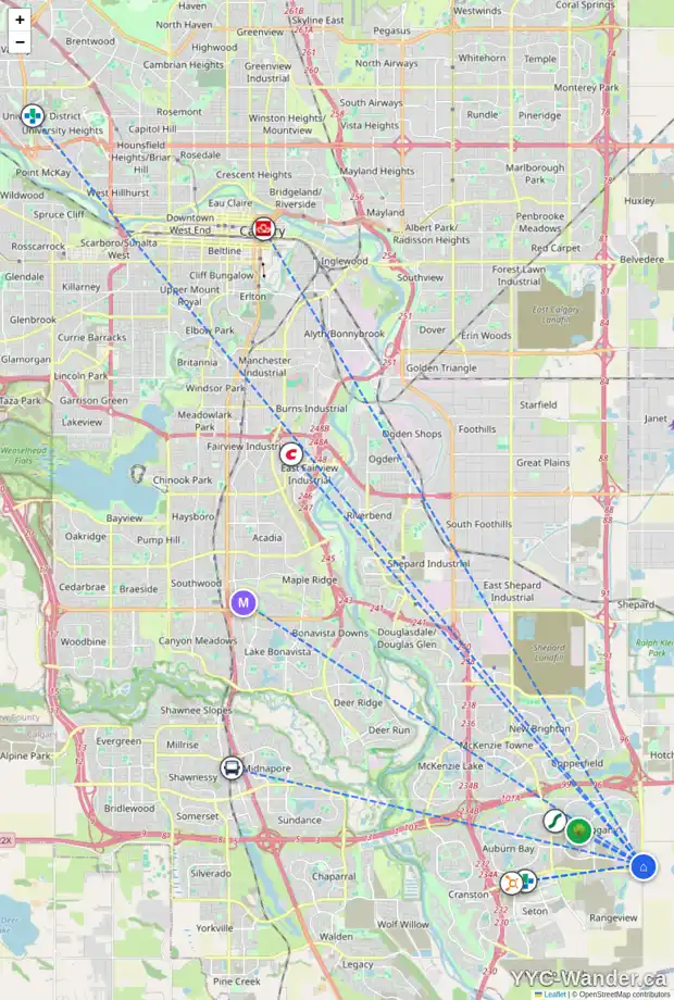Daily accessibility map for 24 MAGNOLIA BA SE, Calgary showing nearby schools, grocery stores, parks, LRT stations and nearby amenities