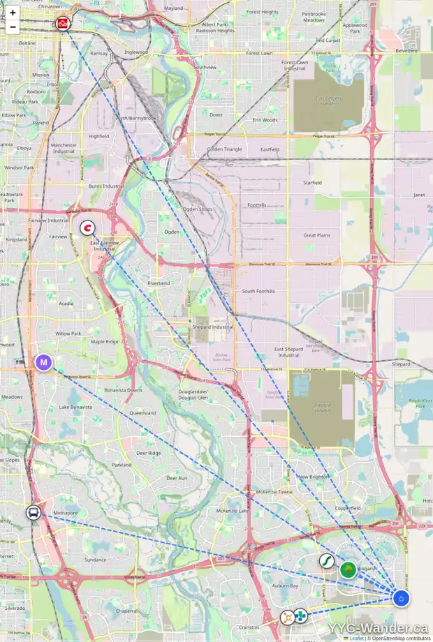 Daily accessibility map for 291 MAGNOLIA DR SE, Calgary showing nearby schools, grocery stores, parks, LRT stations and nearby amenities
