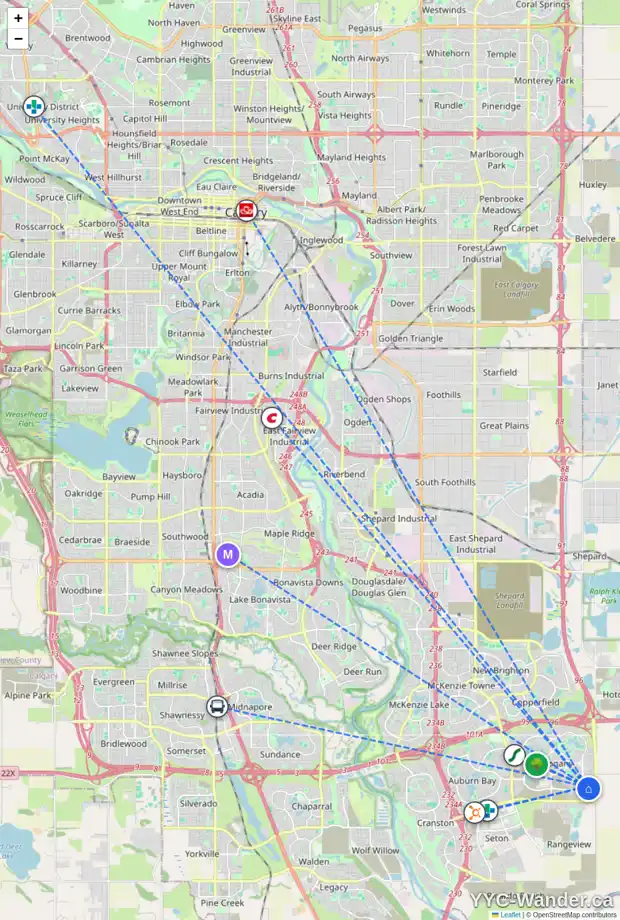 Daily accessibility map for 105 MAGNOLIA GV SE, Calgary showing nearby schools, grocery stores, parks, LRT stations and nearby amenities