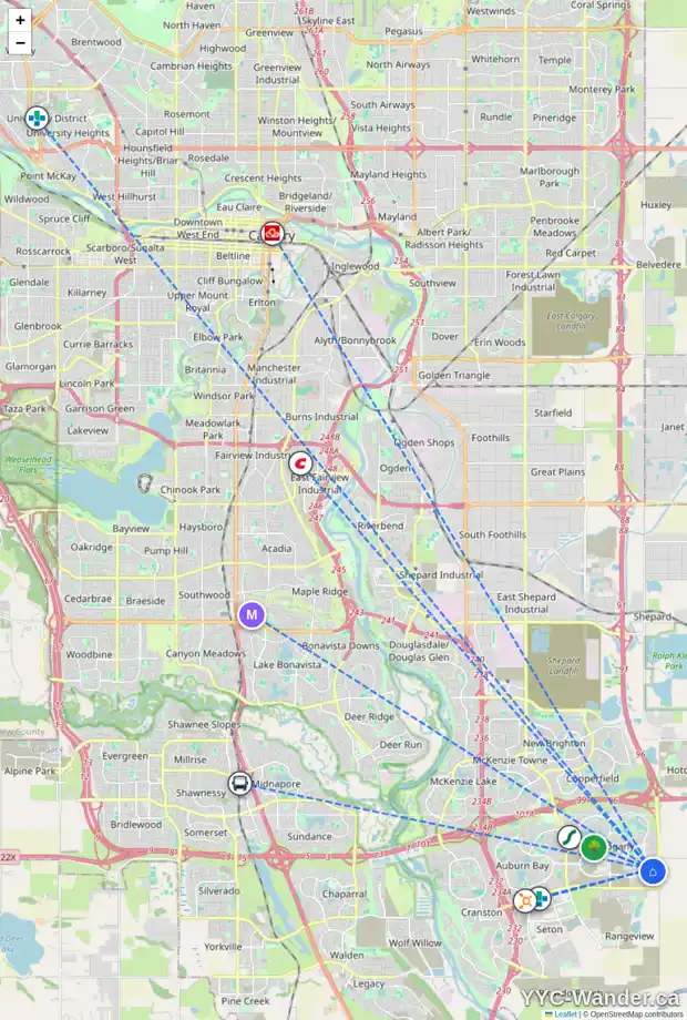 Daily accessibility map for 399 MAGNOLIA DR SE, Calgary showing nearby schools, grocery stores, parks, LRT stations and nearby amenities