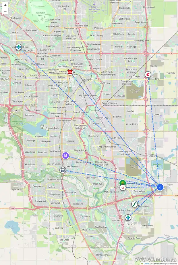 Daily accessibility map for 41 HOTCHKISS LN SE, Calgary showing nearby schools, grocery stores, parks, LRT stations and nearby amenities
