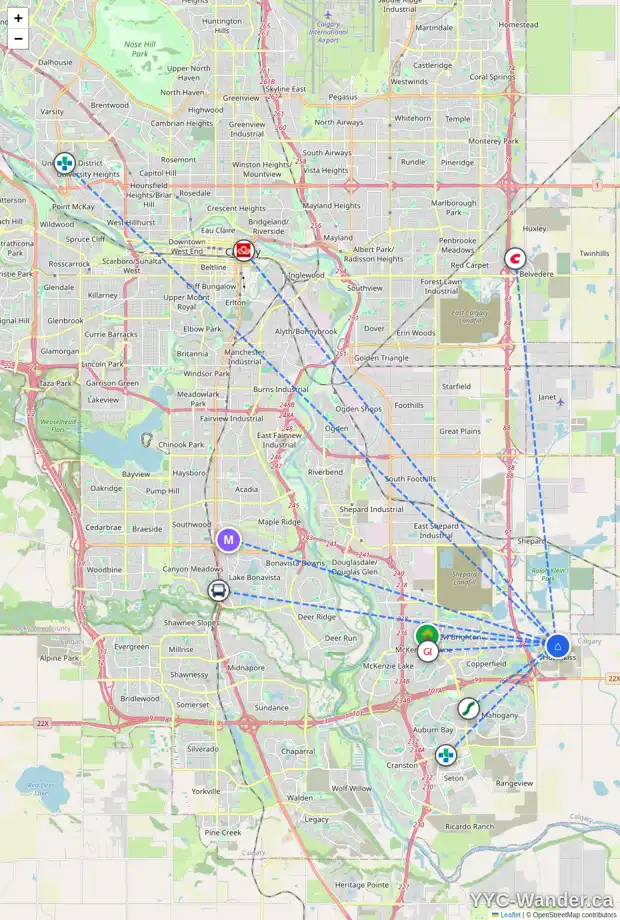 Daily accessibility map for 196 HOTCHKISS WY SE, Calgary showing nearby schools, grocery stores, parks, LRT stations and nearby amenities