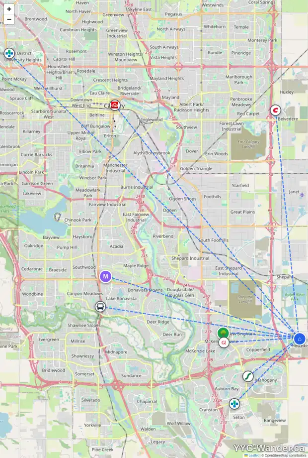 Daily accessibility map for 184 HOTCHKISS WY SE, Calgary showing nearby schools, grocery stores, parks, LRT stations and nearby amenities