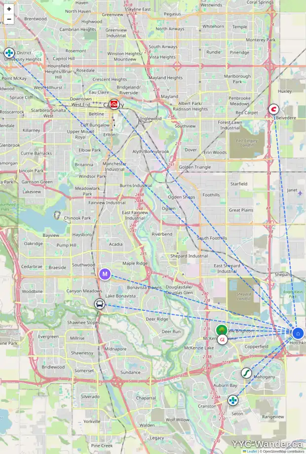 Daily accessibility map for 78 HOTCHKISS MR SE, Calgary showing nearby schools, grocery stores, parks, LRT stations and nearby amenities