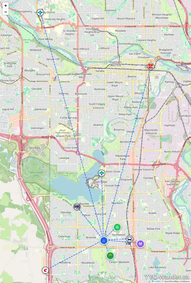 Daily accessibility map for 1527 110 AV SW, Calgary showing nearby schools, grocery stores, parks, LRT stations and nearby amenities