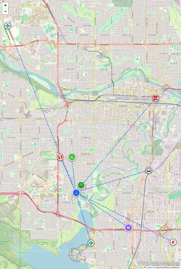 Daily accessibility map for 2008 50 AV SW, Calgary showing nearby schools, grocery stores, parks, LRT stations and nearby amenities