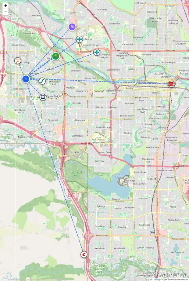 Daily accessibility map for 41 STRATHLEA CO SW, Calgary showing nearby schools, grocery stores, parks, LRT stations and nearby amenities