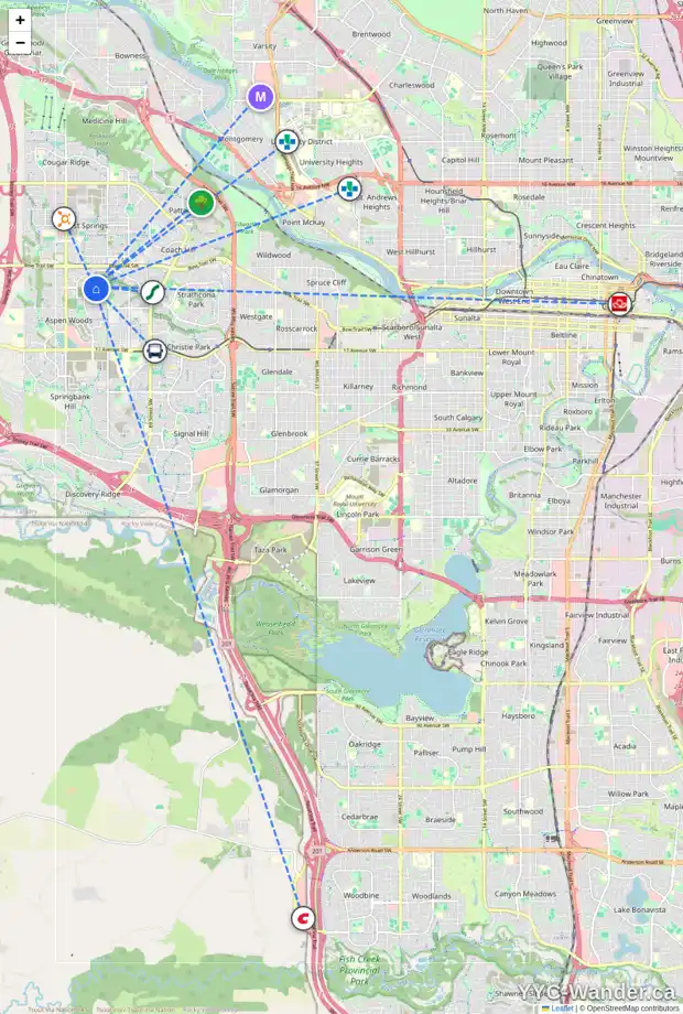 Daily accessibility map for 65 STRATHLEA CO SW, Calgary showing nearby schools, grocery stores, parks, LRT stations and nearby amenities