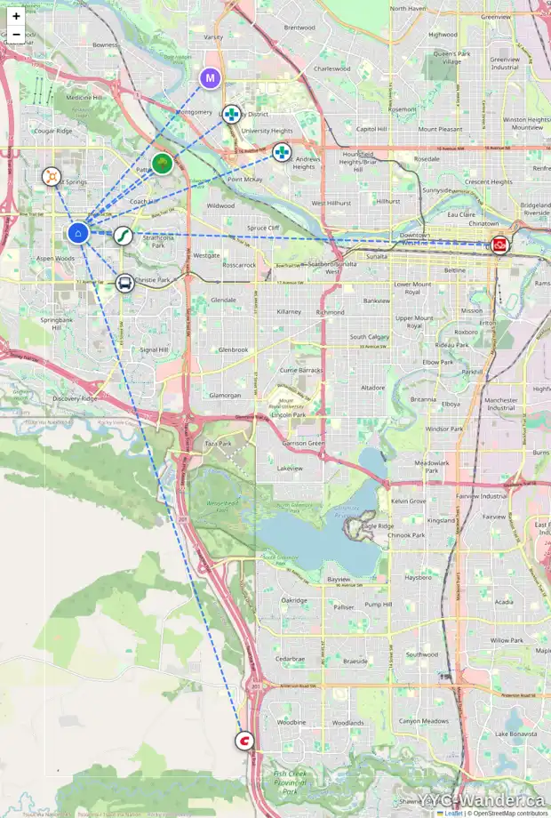 Daily accessibility map for 69 STRATHLEA CO SW, Calgary showing nearby schools, grocery stores, parks, LRT stations and nearby amenities