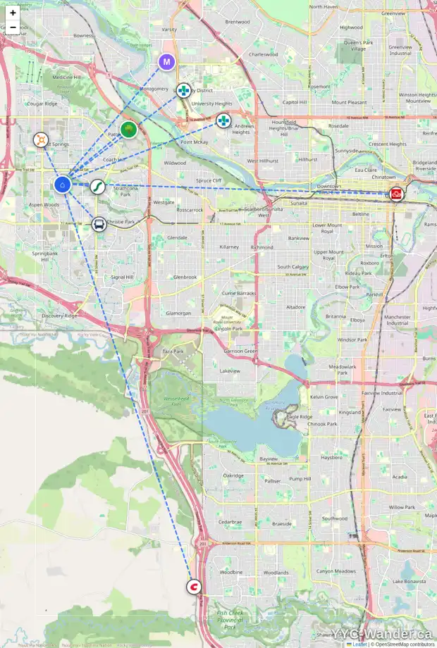 Daily accessibility map for 73 STRATHLEA CO SW, Calgary showing nearby schools, grocery stores, parks, LRT stations and nearby amenities