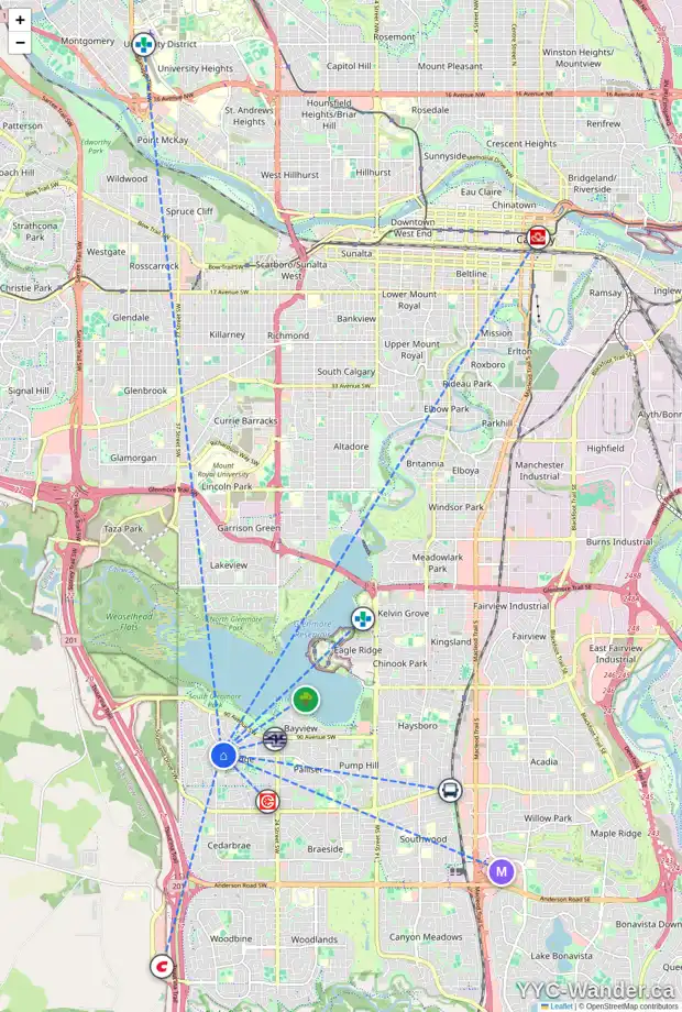 Daily accessibility map for 206 9500 OAKFIELD DR SW, Calgary showing nearby schools, grocery stores, parks, LRT stations and nearby amenities