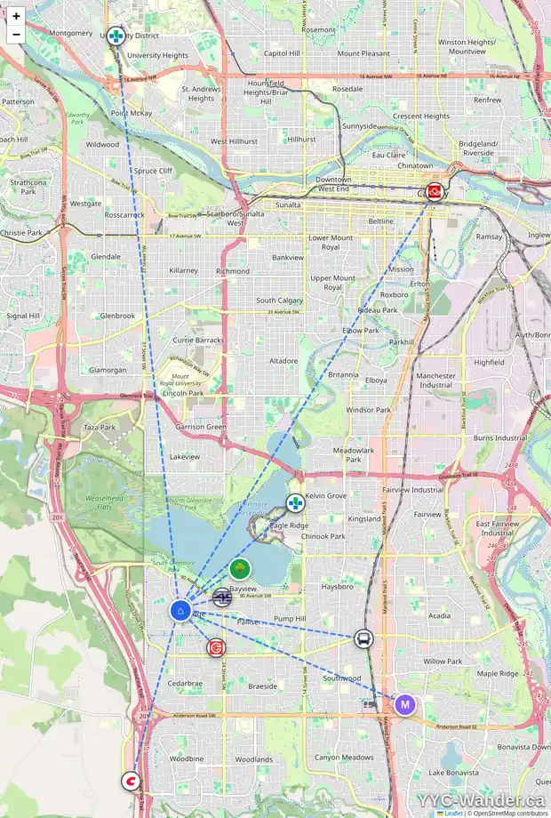Daily accessibility map for 306 9500 OAKFIELD DR SW, Calgary showing nearby schools, grocery stores, parks, LRT stations and nearby amenities