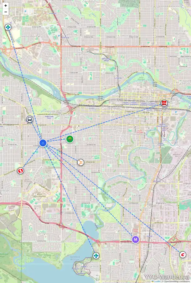 Daily accessibility map for 2606 29 ST SW, Calgary showing nearby schools, grocery stores, parks, LRT stations and nearby amenities