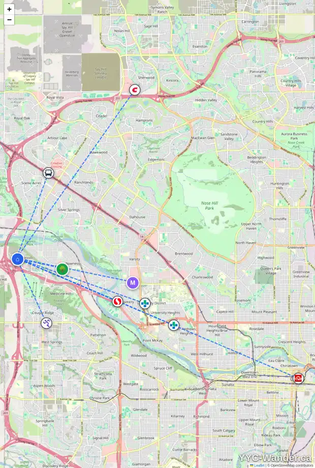 Daily accessibility map for 364 GREENWICH DR NW, Calgary showing nearby schools, grocery stores, parks, LRT stations and nearby amenities