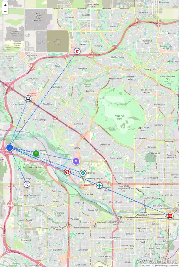 Daily accessibility map for 28 GREENWICH HE NW, Calgary showing nearby schools, grocery stores, parks, LRT stations and nearby amenities