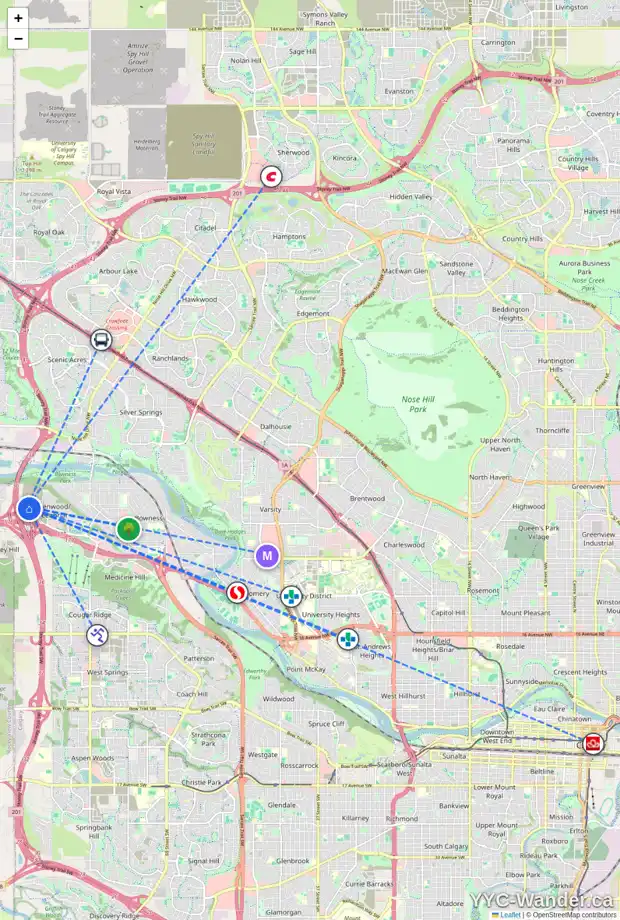 Daily accessibility map for 255 GREENWICH DR NW, Calgary showing nearby schools, grocery stores, parks, LRT stations and nearby amenities