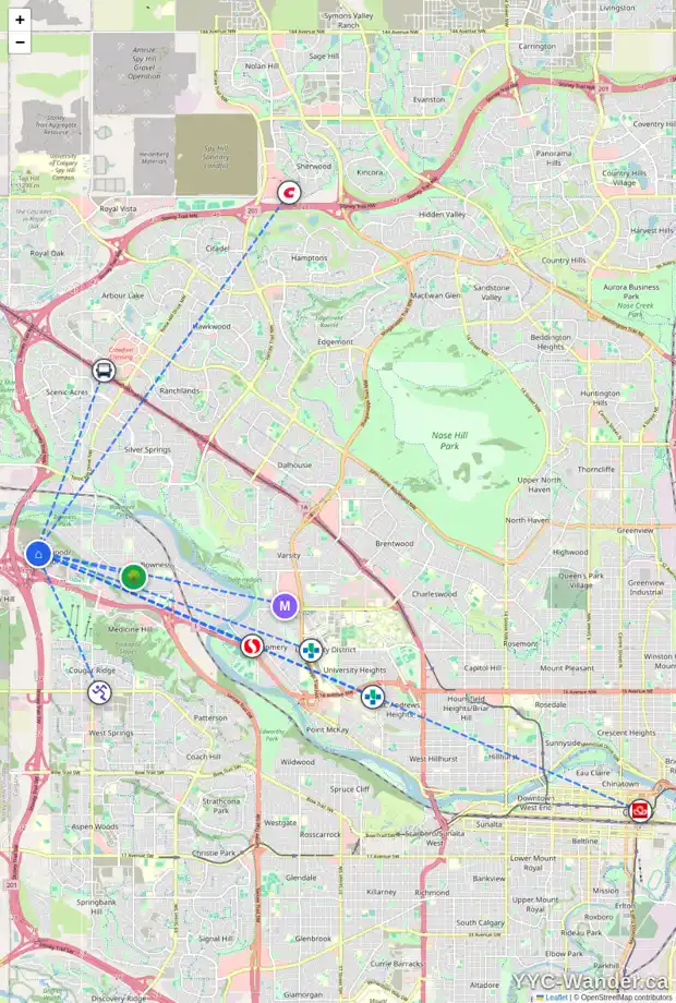 Daily accessibility map for 22 GREENWICH RO NW, Calgary showing nearby schools, grocery stores, parks, LRT stations and nearby amenities