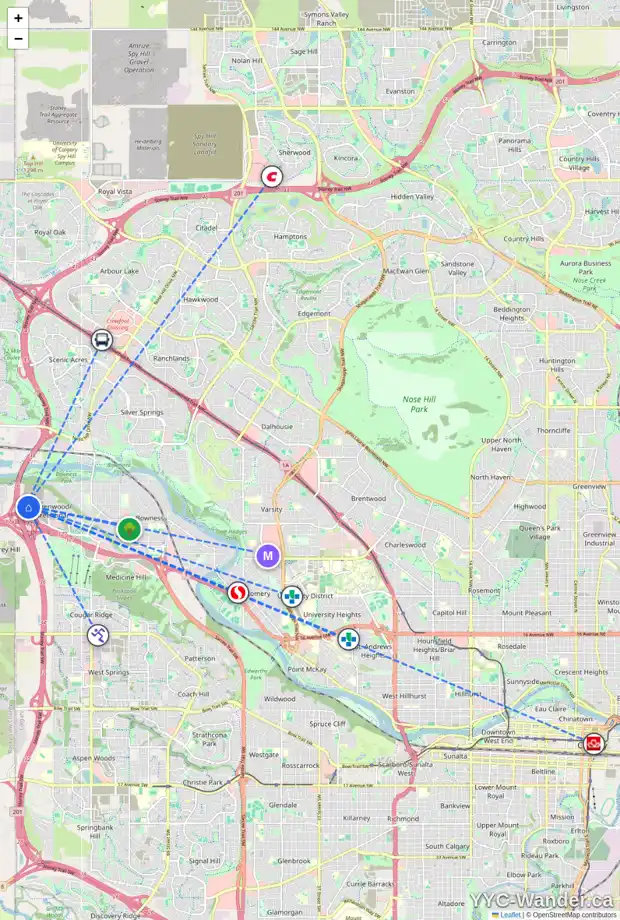 Daily accessibility map for 231 GREENWICH DR NW, Calgary showing nearby schools, grocery stores, parks, LRT stations and nearby amenities