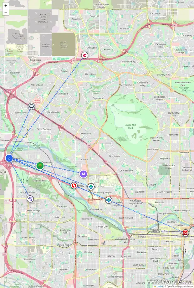 Daily accessibility map for 28 GREENWICH ME NW, Calgary showing nearby schools, grocery stores, parks, LRT stations and nearby amenities
