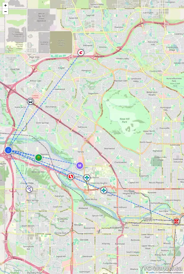 Daily accessibility map for 195 GREENWICH DR NW, Calgary showing nearby schools, grocery stores, parks, LRT stations and nearby amenities