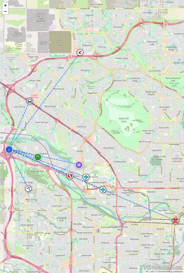 Daily accessibility map for 29 GREENWICH CM NW, Calgary showing nearby schools, grocery stores, parks, LRT stations and nearby amenities