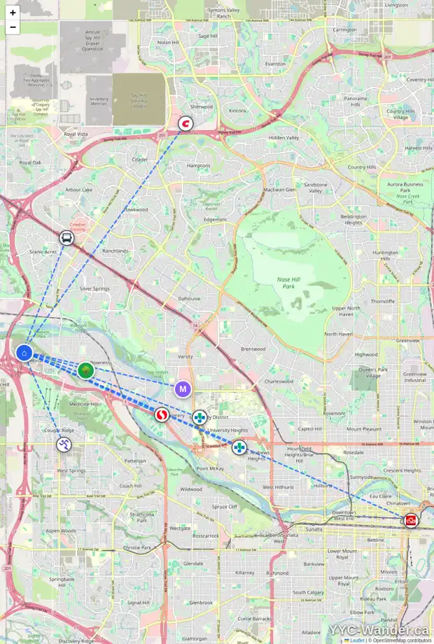 Daily accessibility map for 128 GREENWICH HE NW, Calgary showing nearby schools, grocery stores, parks, LRT stations and nearby amenities