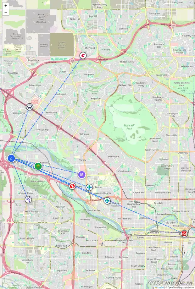 Daily accessibility map for 144 GREENWICH HE NW, Calgary showing nearby schools, grocery stores, parks, LRT stations and nearby amenities
