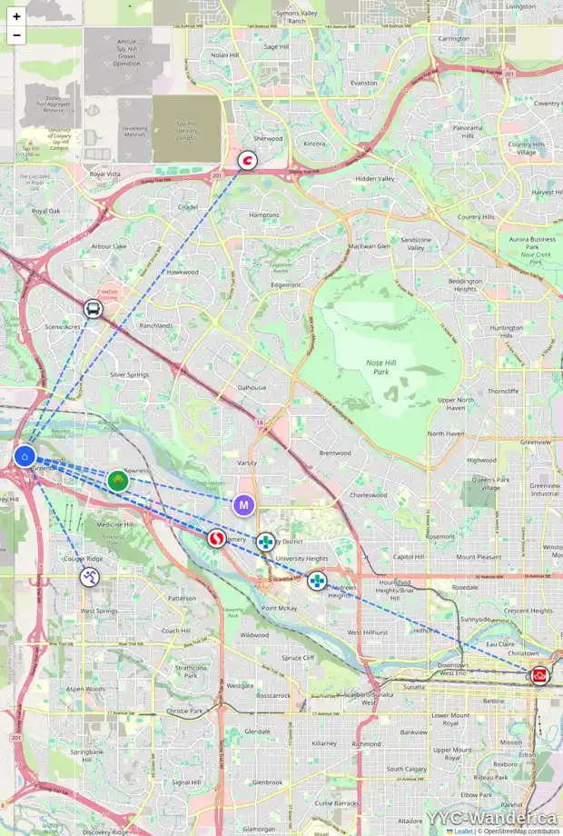 Daily accessibility map for 175 GREENWICH DR NW, Calgary showing nearby schools, grocery stores, parks, LRT stations and nearby amenities