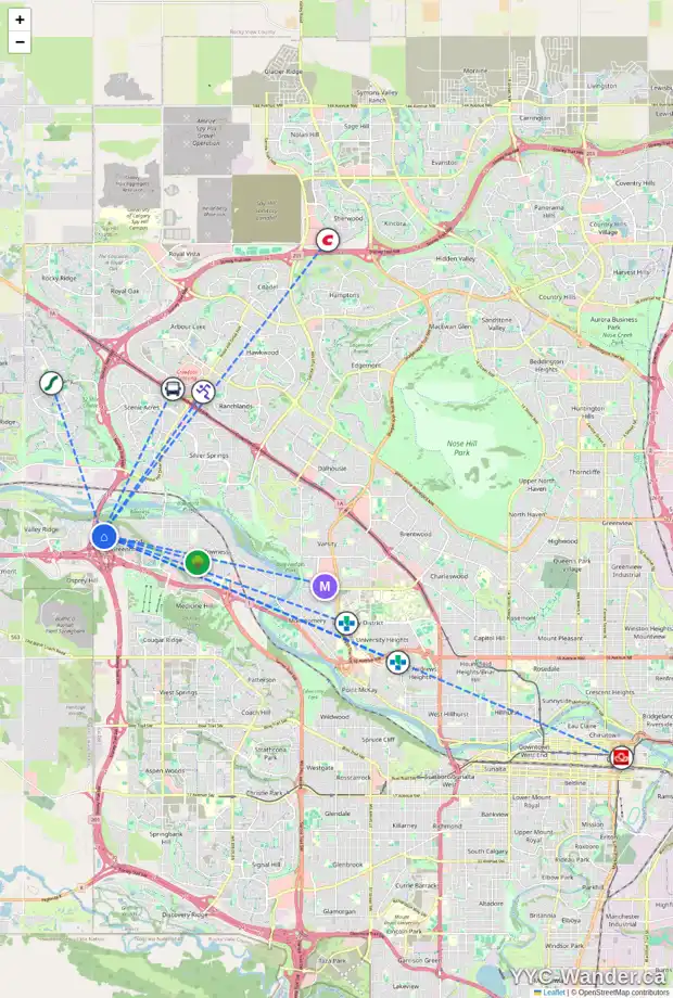 Daily accessibility map for 163 GREENWICH DR NW, Calgary showing nearby schools, grocery stores, parks, LRT stations and nearby amenities