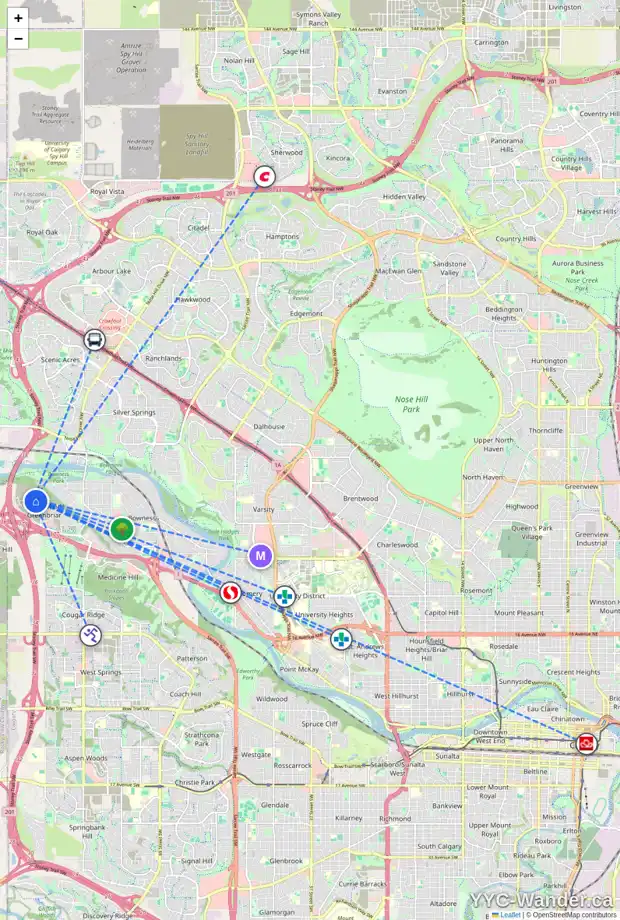 Daily accessibility map for 139 GREENWICH HE NW, Calgary showing nearby schools, grocery stores, parks, LRT stations and nearby amenities