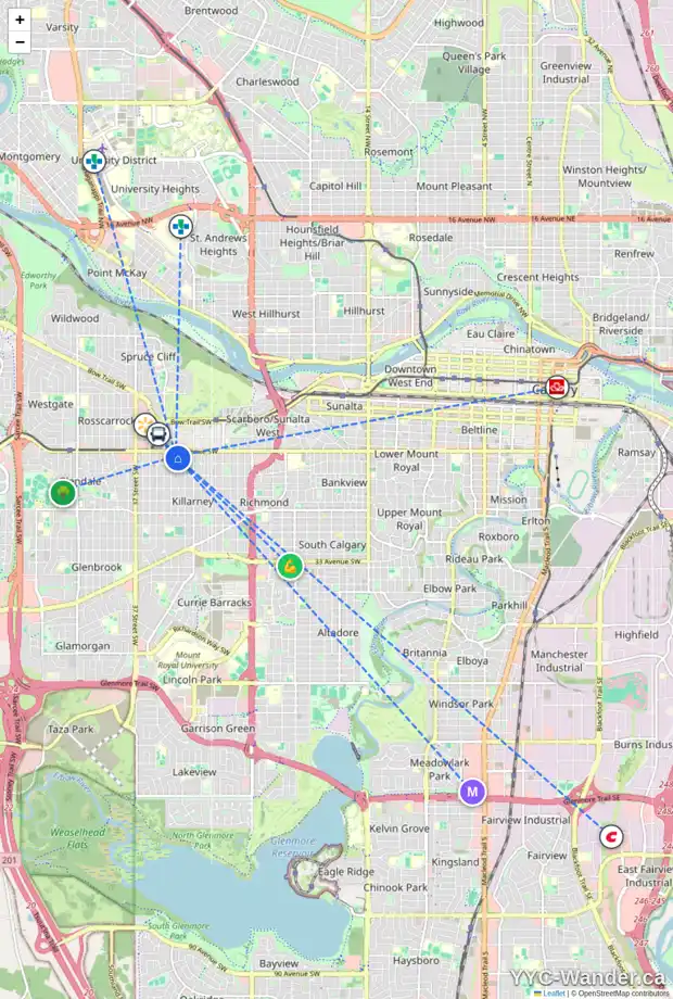 Daily accessibility map for 304 1919 31 ST SW, Calgary showing nearby schools, grocery stores, parks, LRT stations and nearby amenities