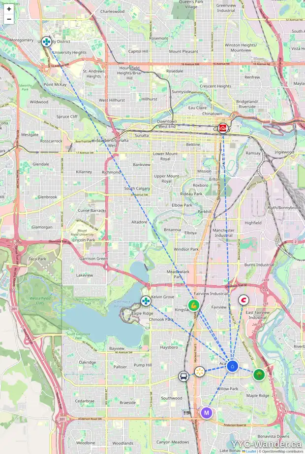 Daily accessibility map for 9512 5 ST SE, Calgary showing nearby schools, grocery stores, parks, LRT stations and nearby amenities