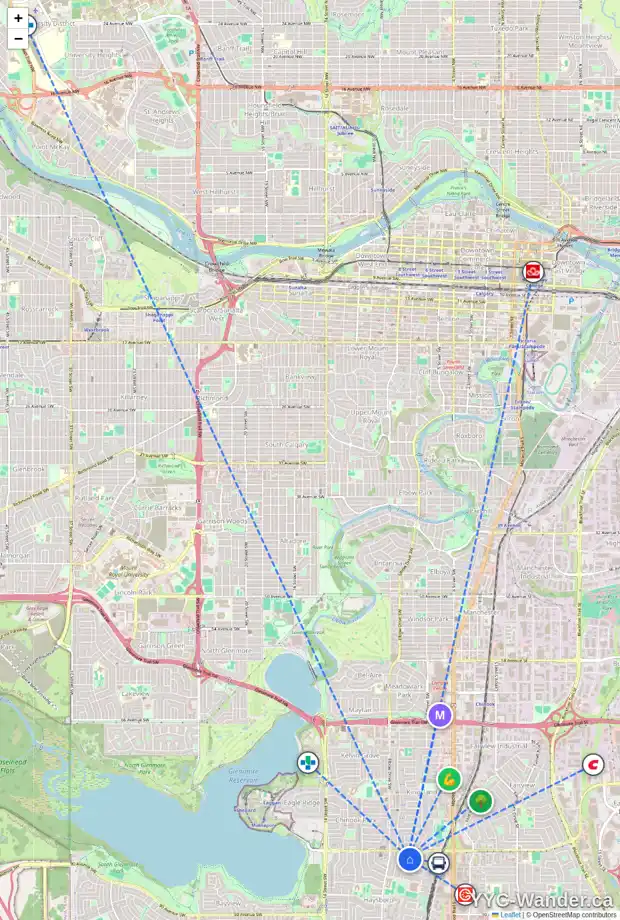 Daily accessibility map for 34 HEALY DR SW, Calgary showing nearby schools, grocery stores, parks, LRT stations and nearby amenities