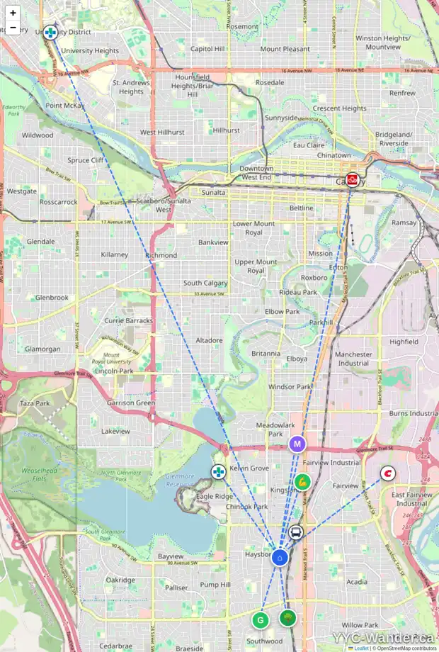 Daily accessibility map for 23 HOGARTH CR SW, Calgary showing nearby schools, grocery stores, parks, LRT stations and nearby amenities