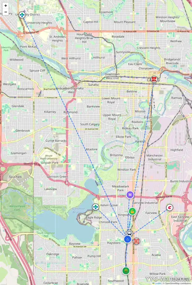 Daily accessibility map for 10 HARVEY PL SW, Calgary showing nearby schools, grocery stores, parks, LRT stations and nearby amenities