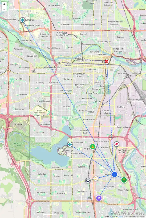 Daily accessibility map for 451 ACADIA DR SE, Calgary showing nearby schools, grocery stores, parks, LRT stations and nearby amenities