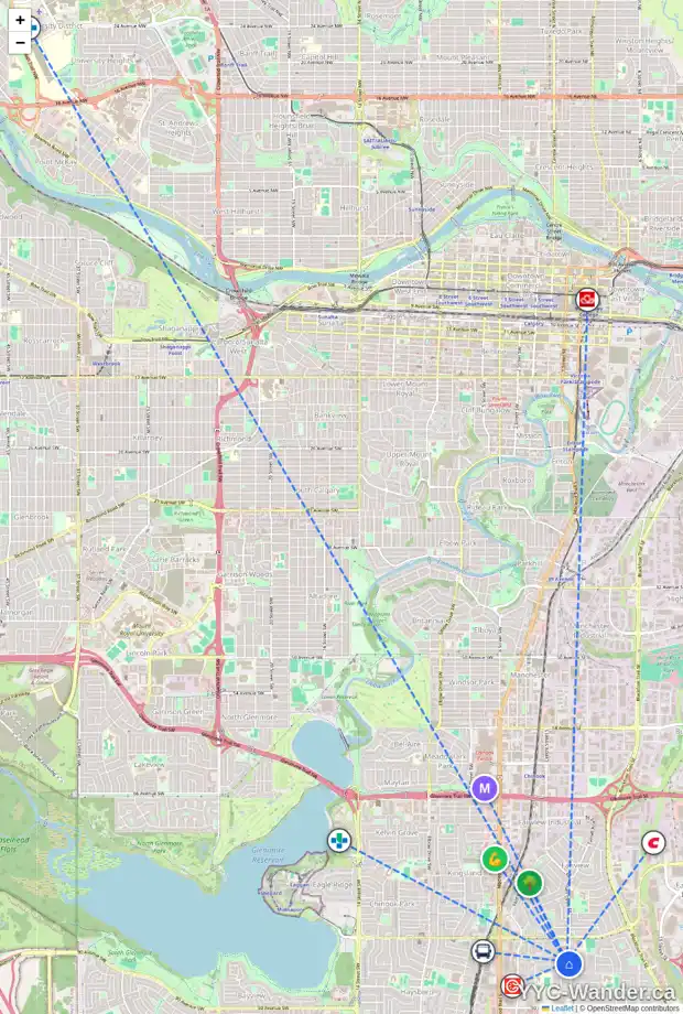 Daily accessibility map for 8515 FAIRMOUNT DR SE, Calgary showing nearby schools, grocery stores, parks, LRT stations and nearby amenities