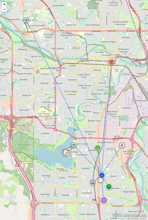 Daily accessibility map for 212 ALLAN CR SE, Calgary showing nearby schools, grocery stores, parks, LRT stations and nearby amenities