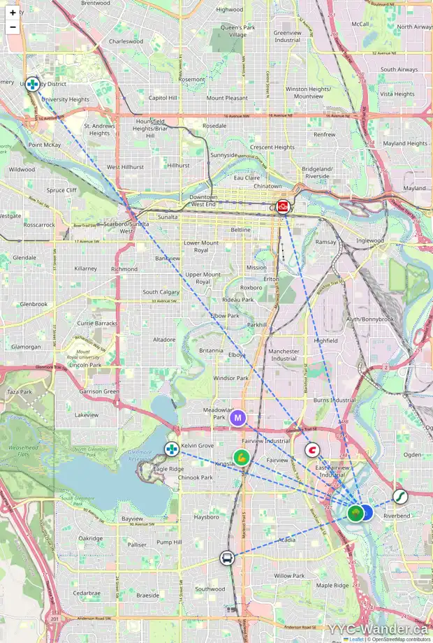 Daily accessibility map for 175 RIVERSIDE CL SE, Calgary showing nearby schools, grocery stores, parks, LRT stations and nearby amenities